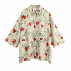 Zara Tropical Short Sleeve Hibiscus Floral Hawaiian Blouse size XL